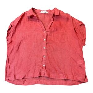 C&C California Linen Button Down Top Coral Salmon Short Sleeve‎ Womens Large